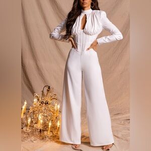Prettylittlething Premium White Satin Shoulder Pad Corset Waist Jumpsuit